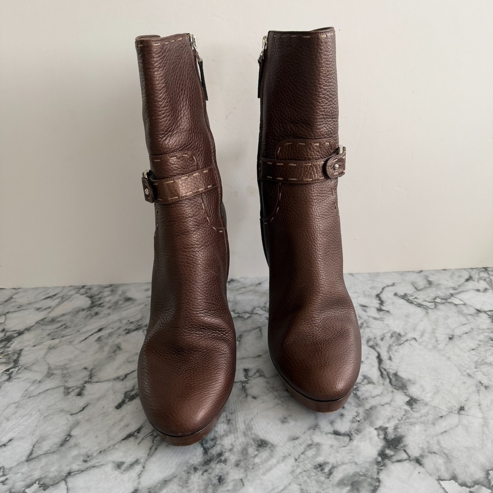 Fendi Italy Brown Pebbled Leather Whipstitch Ankle Buckle Boots Platform 41 (11) - Picture 4 of 16